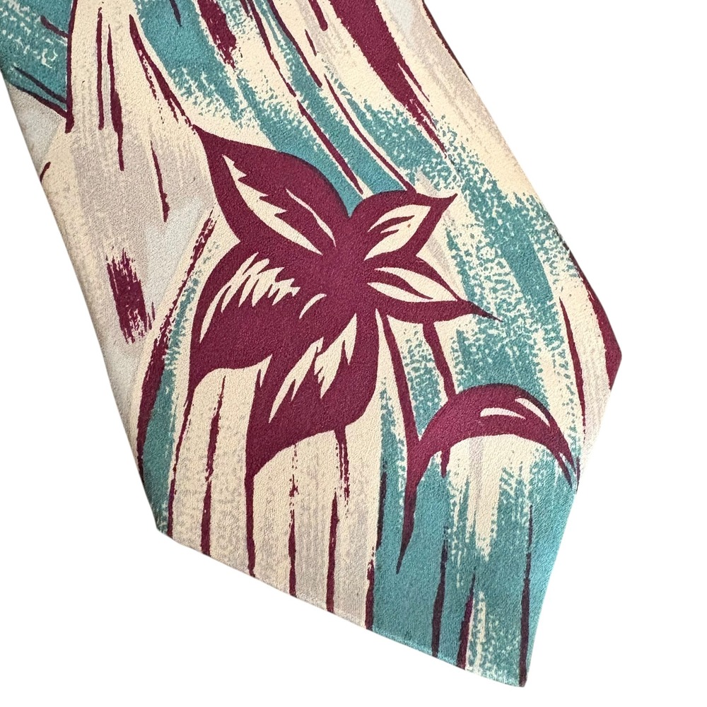 Stafford Executive Silk Tie USA‎ Retro Abstract Floral Burgundy Teal tropical